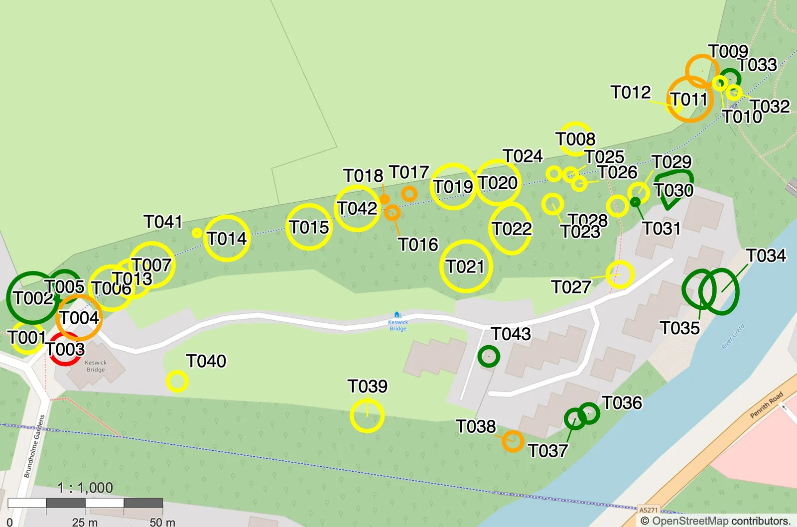 Tree risk assessment plan on a street map, with each numbered tree circled in a colour showing its risk of harm